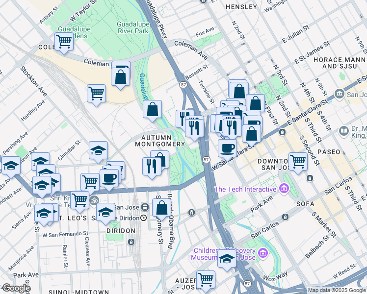 map of restaurants, bars, coffee shops, grocery stores, and more near 349 West Saint John Street in San Jose