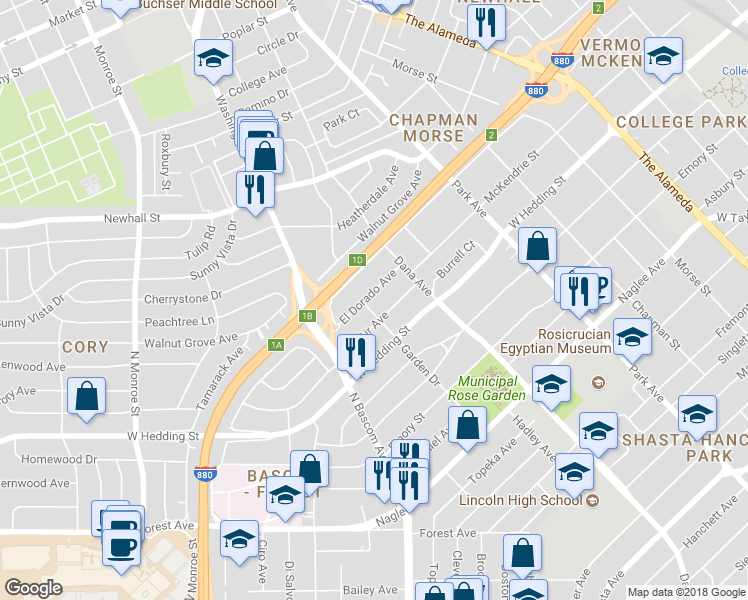 map of restaurants, bars, coffee shops, grocery stores, and more near 1682 El Dorado Avenue in San Jose