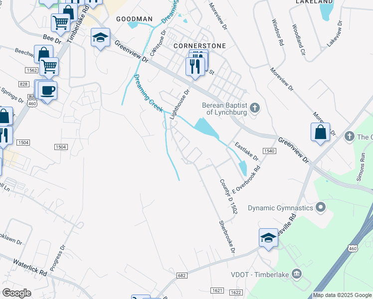 map of restaurants, bars, coffee shops, grocery stores, and more near 168 Kitty Hawk Square in Lynchburg