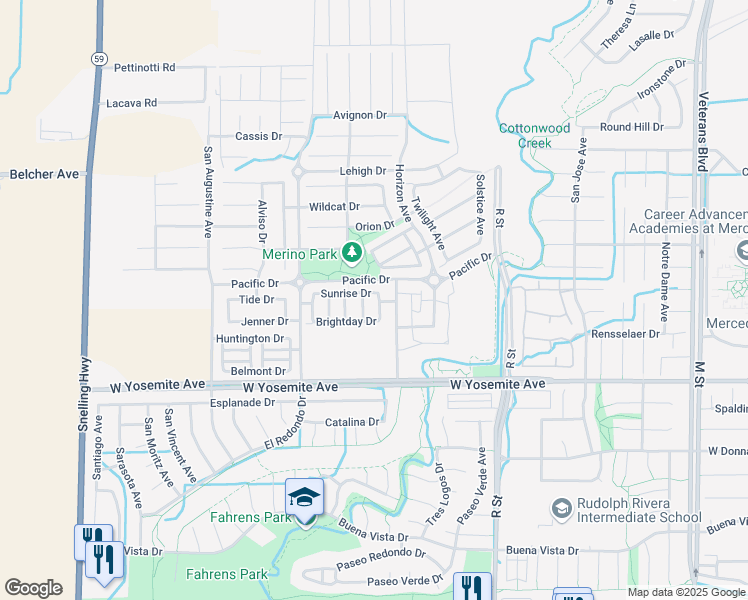 map of restaurants, bars, coffee shops, grocery stores, and more near 3757 Beam Avenue in Merced