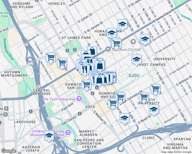 map of restaurants, bars, coffee shops, grocery stores, and more near in San Jose