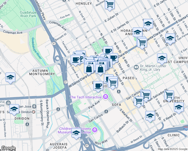 map of restaurants, bars, coffee shops, grocery stores, and more near 30 South Market Street in San Jose
