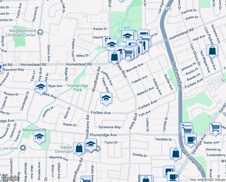 map of restaurants, bars, coffee shops, grocery stores, and more near 702 Fairlane Avenue in Santa Clara