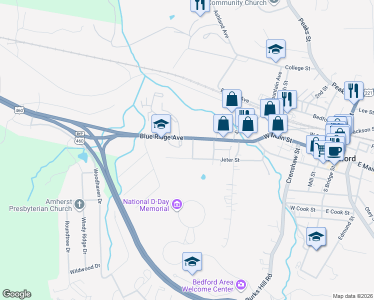 map of restaurants, bars, coffee shops, grocery stores, and more near 713 Spruce Street in Bedford