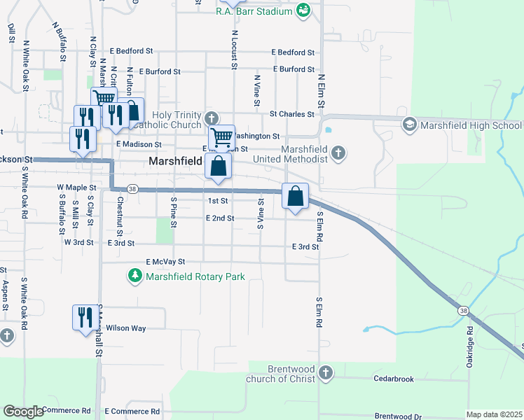 map of restaurants, bars, coffee shops, grocery stores, and more near 422 S Vine St in Marshfield