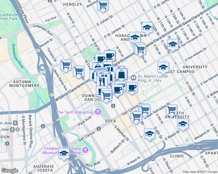 map of restaurants, bars, coffee shops, grocery stores, and more near 97 South 2nd Street in San Jose