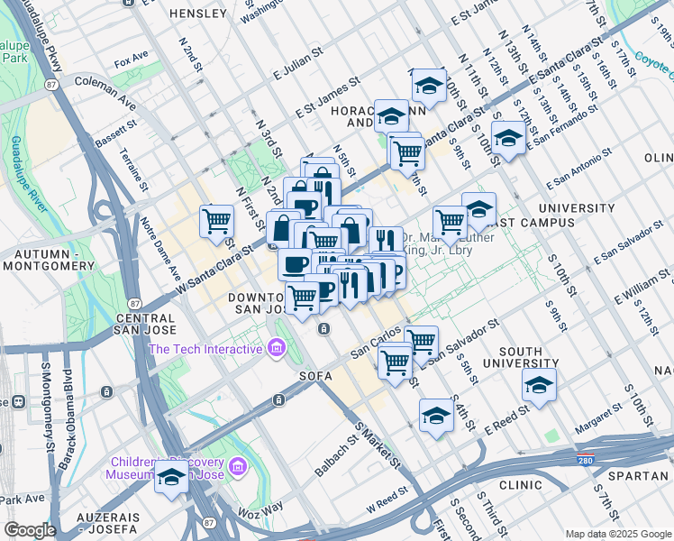 map of restaurants, bars, coffee shops, grocery stores, and more near 88 E San Fernando St in San Jose