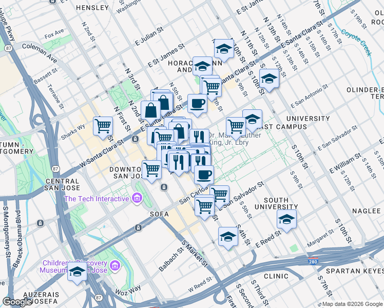 map of restaurants, bars, coffee shops, grocery stores, and more near 144 South Third Street in San Jose