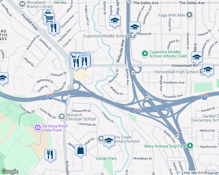 map of restaurants, bars, coffee shops, grocery stores, and more near 22154 Wallace Drive in Cupertino