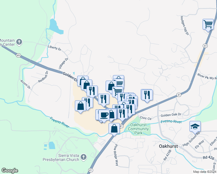 map of restaurants, bars, coffee shops, grocery stores, and more near Junction Drive in Oakhurst