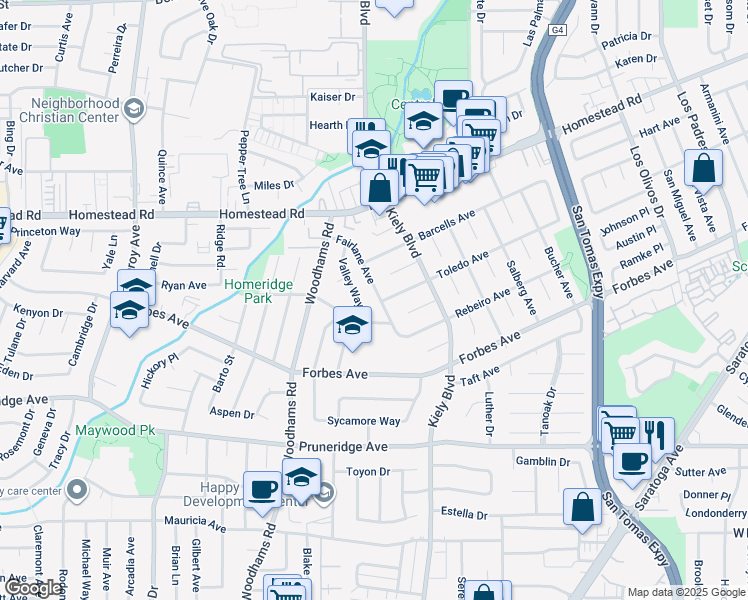 map of restaurants, bars, coffee shops, grocery stores, and more near 702 Fairlane Avenue in Santa Clara