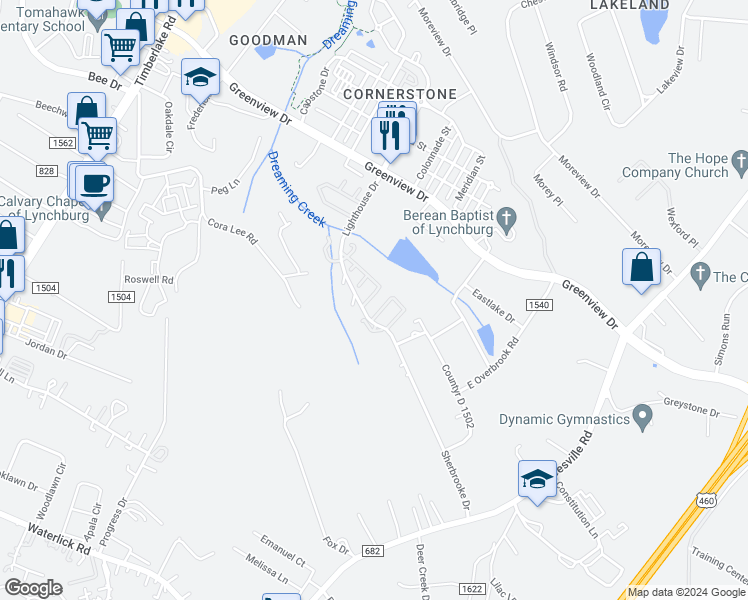map of restaurants, bars, coffee shops, grocery stores, and more near 166 Kitty Hawk Square in Lynchburg