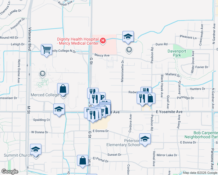 map of restaurants, bars, coffee shops, grocery stores, and more near 516 Hummingbird Court in Merced