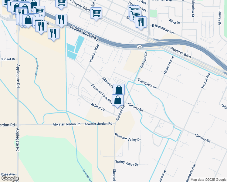 map of restaurants, bars, coffee shops, grocery stores, and more near 240 Airpark Road in Atwater