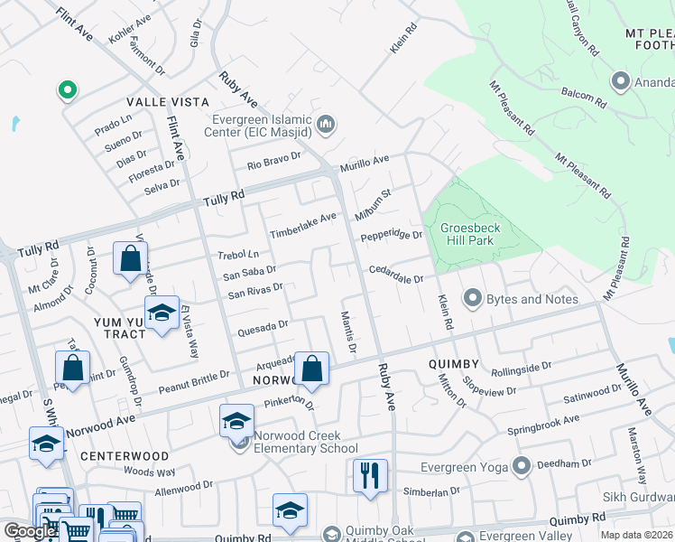 map of restaurants, bars, coffee shops, grocery stores, and more near 2850 Ruby View Court in San Jose