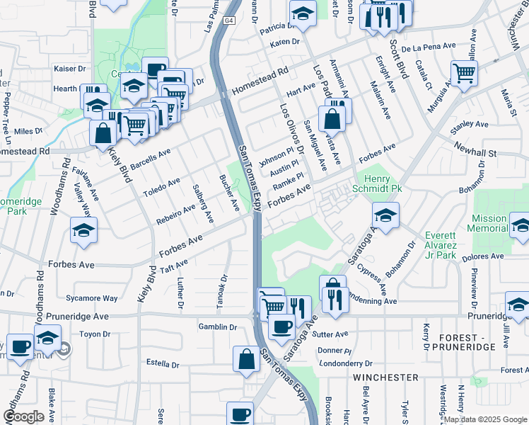 map of restaurants, bars, coffee shops, grocery stores, and more near 2530 Forbes Avenue in Santa Clara