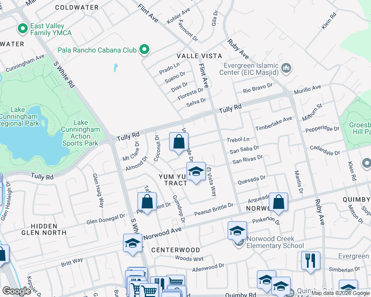 map of restaurants, bars, coffee shops, grocery stores, and more near 2631 Vista Verde Drive in San Jose