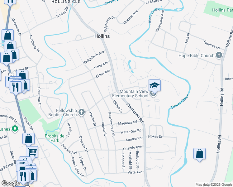 map of restaurants, bars, coffee shops, grocery stores, and more near 5968 Plantation Road in Hollins