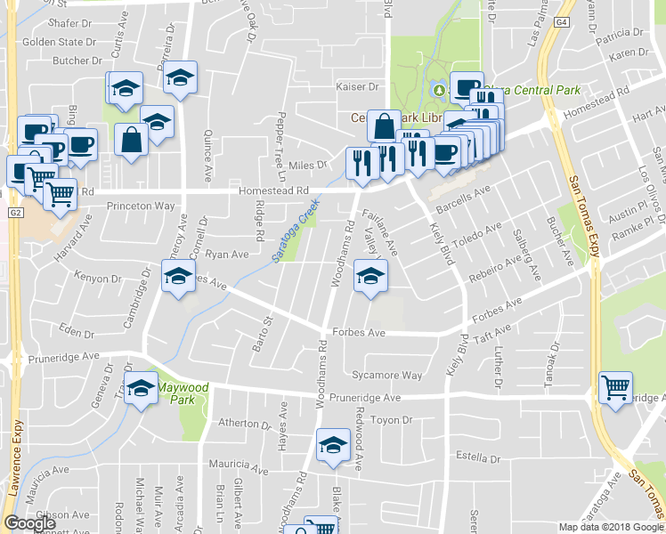 map of restaurants, bars, coffee shops, grocery stores, and more near 692 Woodhams Road in Santa Clara