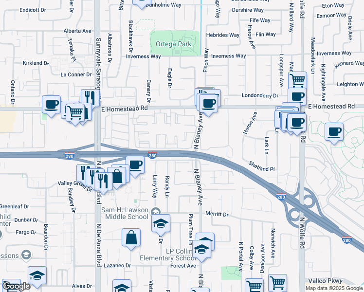 map of restaurants, bars, coffee shops, grocery stores, and more near 20081 Northwood Drive in Cupertino