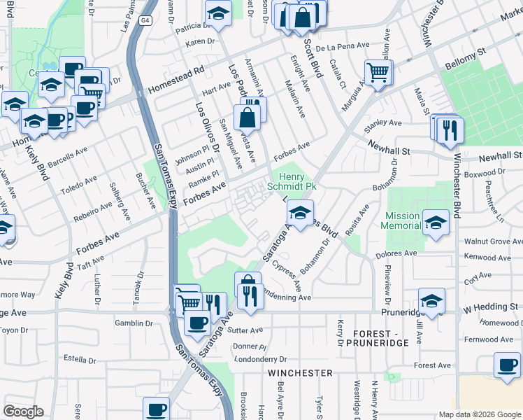 map of restaurants, bars, coffee shops, grocery stores, and more near 444 Saratoga Avenue in Santa Clara