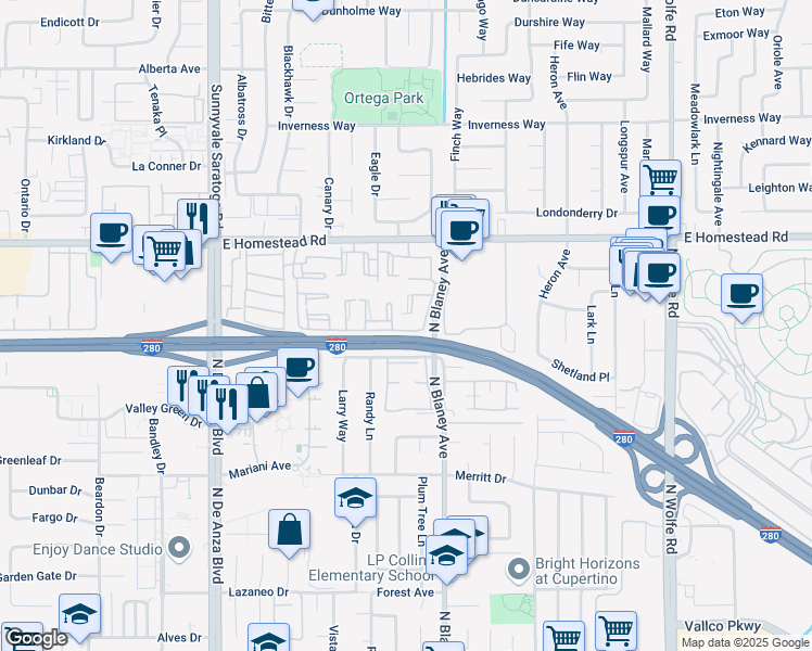 map of restaurants, bars, coffee shops, grocery stores, and more near 20081 Northwood Drive in Cupertino