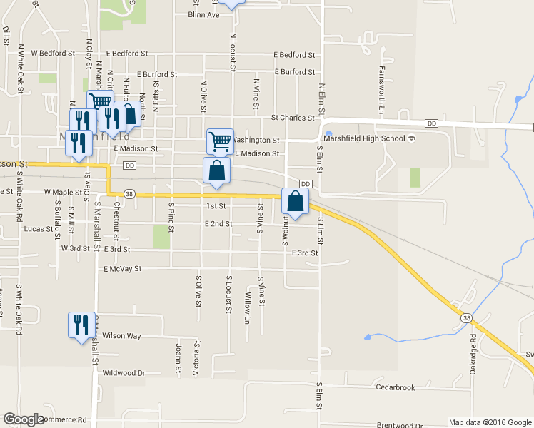 map of restaurants, bars, coffee shops, grocery stores, and more near 422 South Vine Street in Marshfield