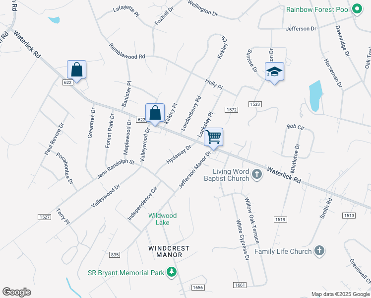 map of restaurants, bars, coffee shops, grocery stores, and more near 75A Hydaway Drive in Forest