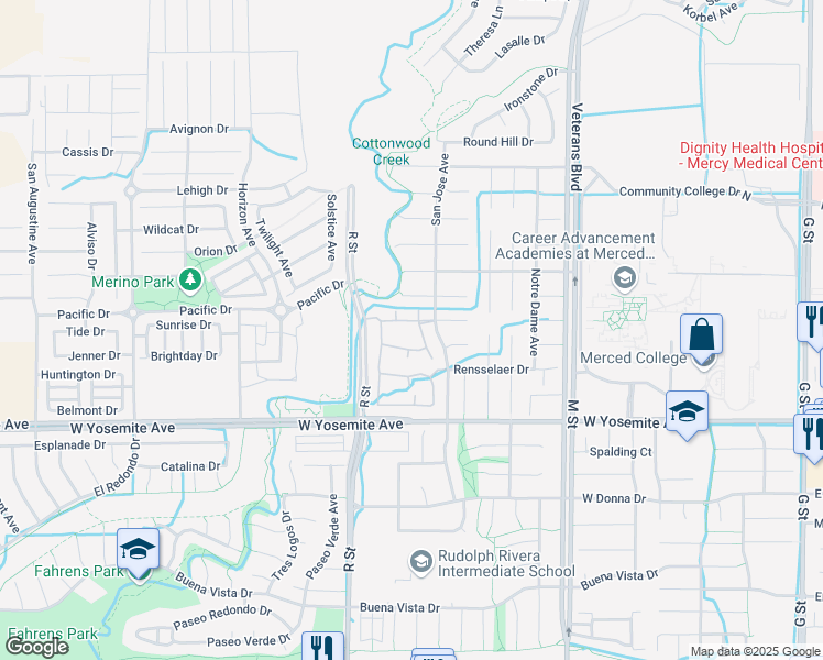 map of restaurants, bars, coffee shops, grocery stores, and more near 3827 San Jose Avenue in Merced