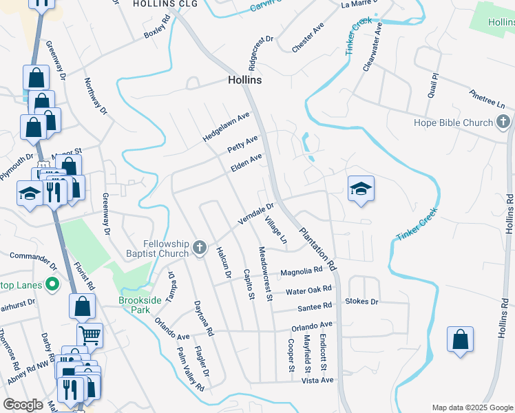 map of restaurants, bars, coffee shops, grocery stores, and more near 6010 Village Lane in Hollins