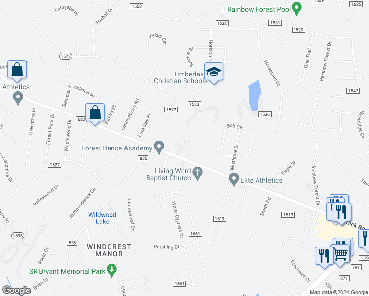 map of restaurants, bars, coffee shops, grocery stores, and more near 23 Chase Drive in Forest