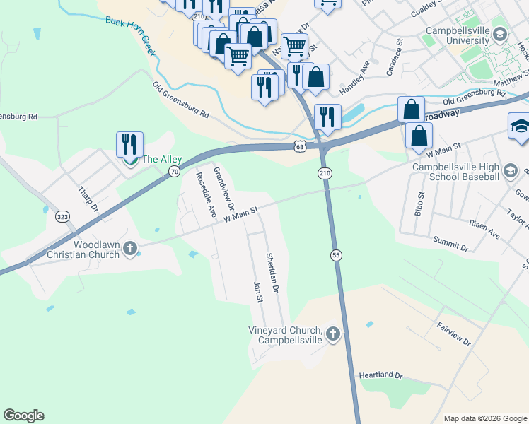 map of restaurants, bars, coffee shops, grocery stores, and more near 632-634 West Main Street in Campbellsville