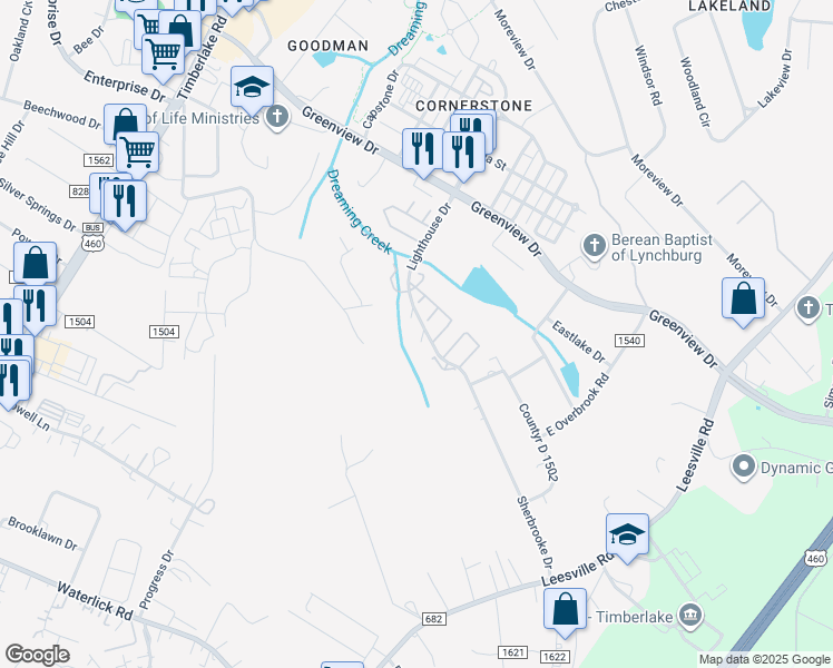 map of restaurants, bars, coffee shops, grocery stores, and more near 17 Beacon Ct in Lynchburg