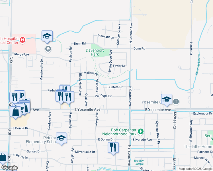 map of restaurants, bars, coffee shops, grocery stores, and more near 1400 Hunters Drive in Merced