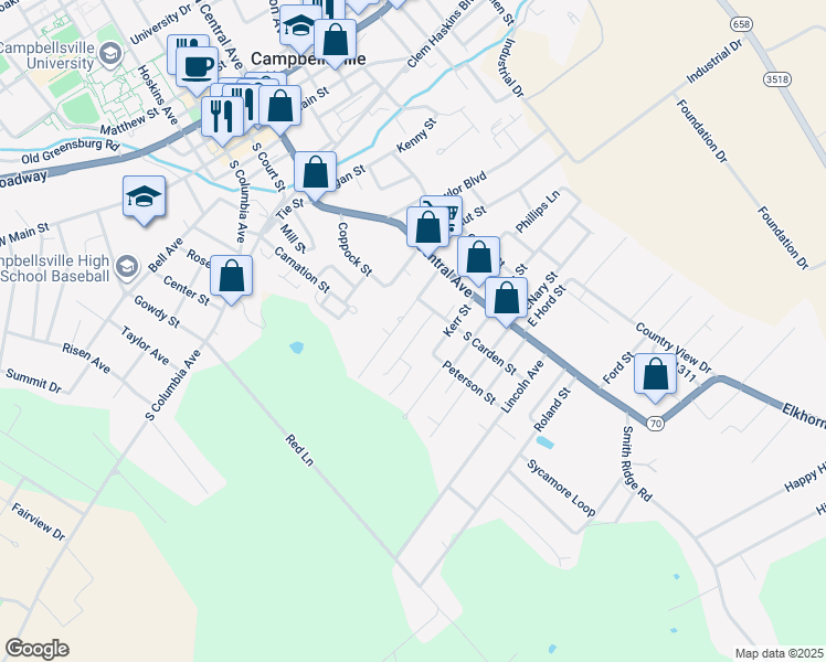 map of restaurants, bars, coffee shops, grocery stores, and more near 108 Eggers Street in Campbellsville