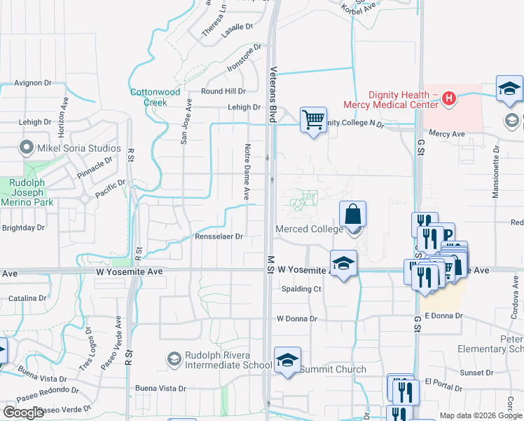 map of restaurants, bars, coffee shops, grocery stores, and more near 616 Cornell Court in Merced