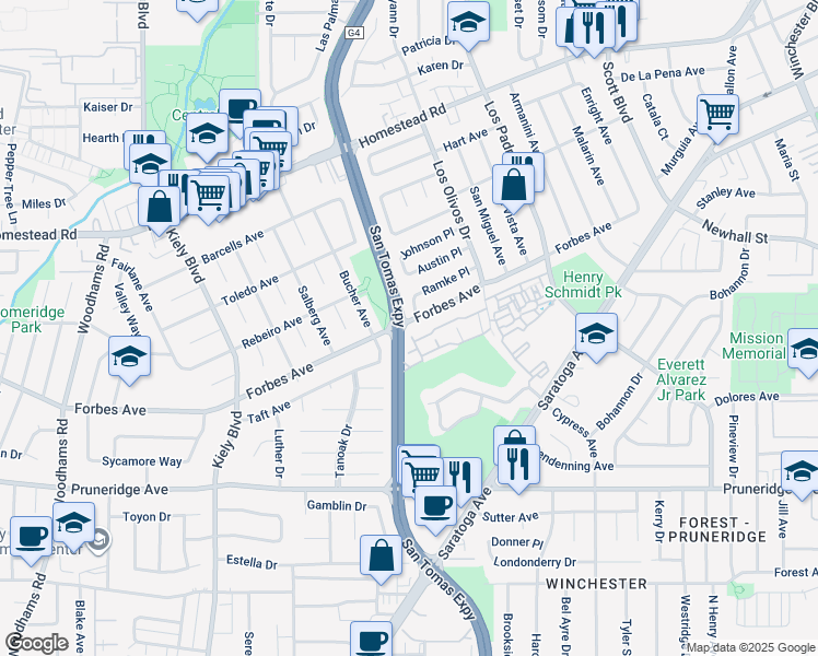 map of restaurants, bars, coffee shops, grocery stores, and more near 2530 Forbes Avenue in Santa Clara