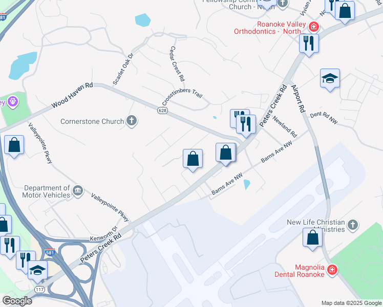 map of restaurants, bars, coffee shops, grocery stores, and more near 5327 Alexander Drive in Hollins