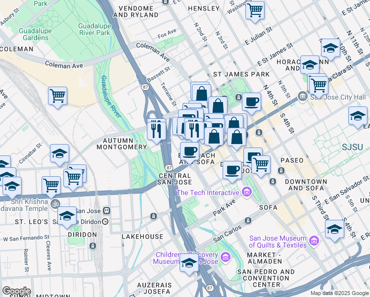 map of restaurants, bars, coffee shops, grocery stores, and more near 38 North Almaden Boulevard in San Jose