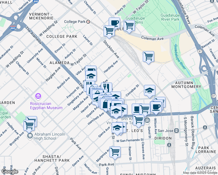 map of restaurants, bars, coffee shops, grocery stores, and more near 875 Lenzen Avenue in San Jose