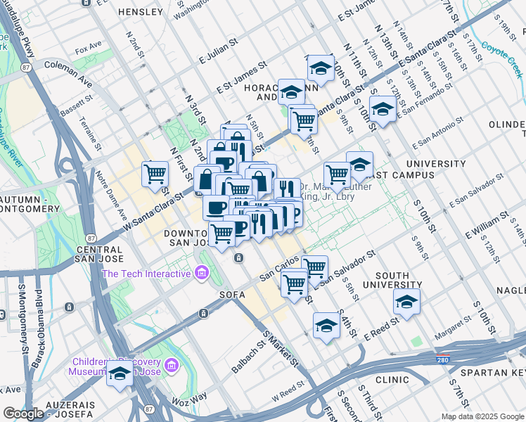 map of restaurants, bars, coffee shops, grocery stores, and more near in San Jose