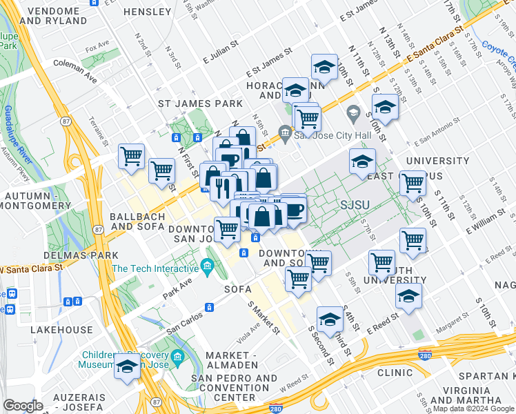 map of restaurants, bars, coffee shops, grocery stores, and more near in San Jose