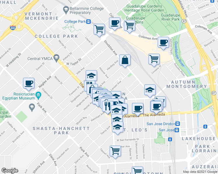 map of restaurants, bars, coffee shops, grocery stores, and more near 875 Lenzen Avenue in San Jose