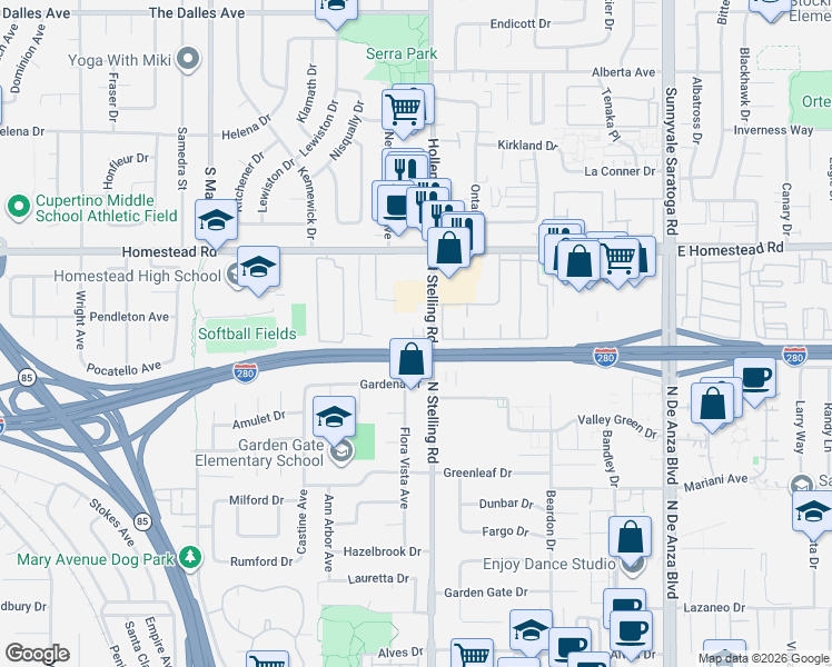 map of restaurants, bars, coffee shops, grocery stores, and more near 10849 North Stelling Road in Cupertino