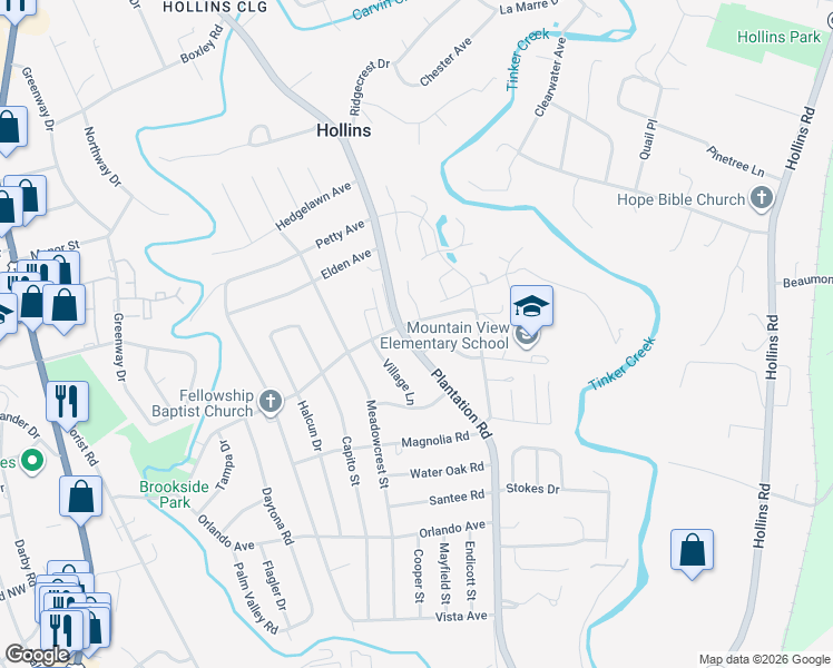 map of restaurants, bars, coffee shops, grocery stores, and more near 5968 Plantation Road in Hollins