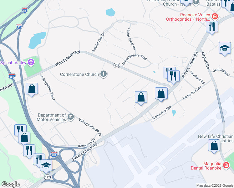 map of restaurants, bars, coffee shops, grocery stores, and more near 6720 Albert Rd in Roanoke