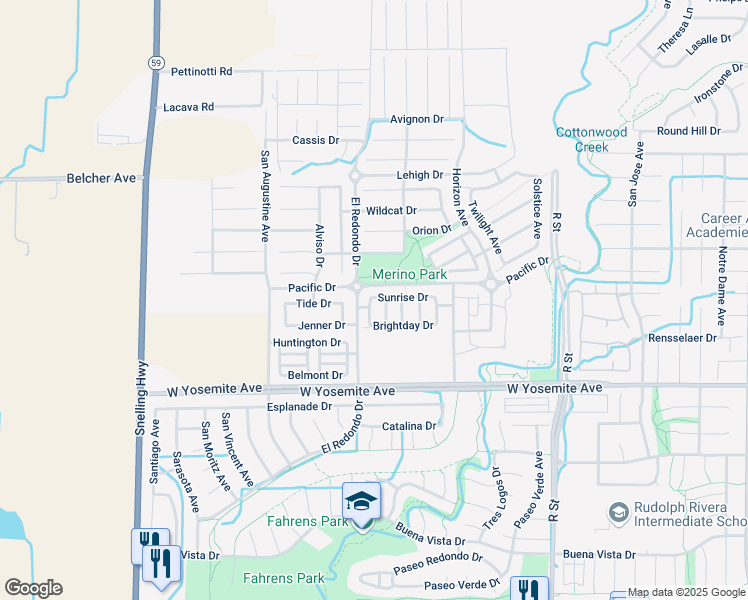 map of restaurants, bars, coffee shops, grocery stores, and more near 3764 Morningside Avenue in Merced