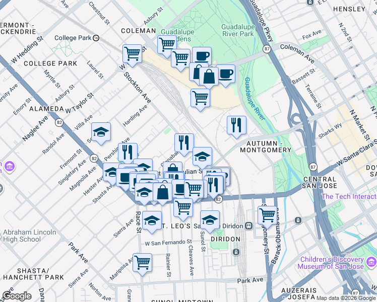 map of restaurants, bars, coffee shops, grocery stores, and more near 383 Stockton Avenue in San Jose