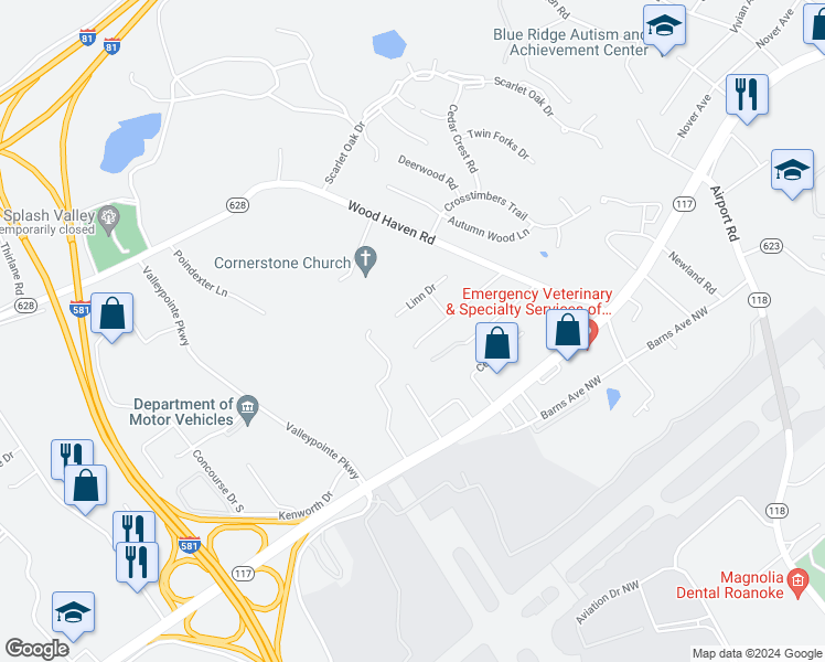 map of restaurants, bars, coffee shops, grocery stores, and more near 6720 Albert Rd in Roanoke