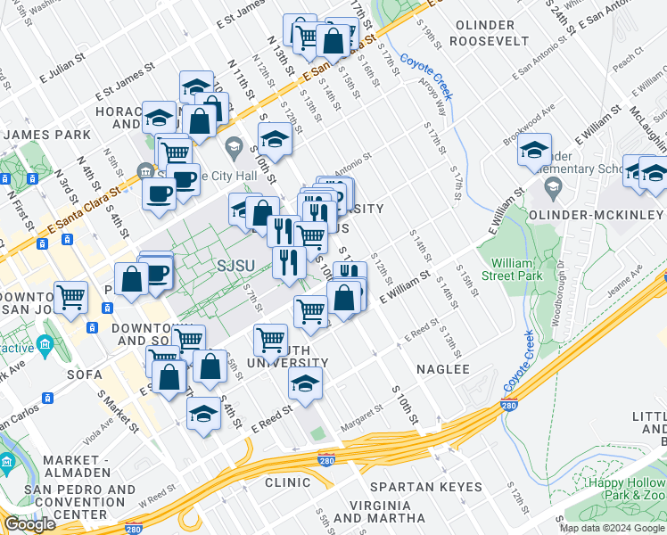 map of restaurants, bars, coffee shops, grocery stores, and more near 382 South 10th Street in San Jose